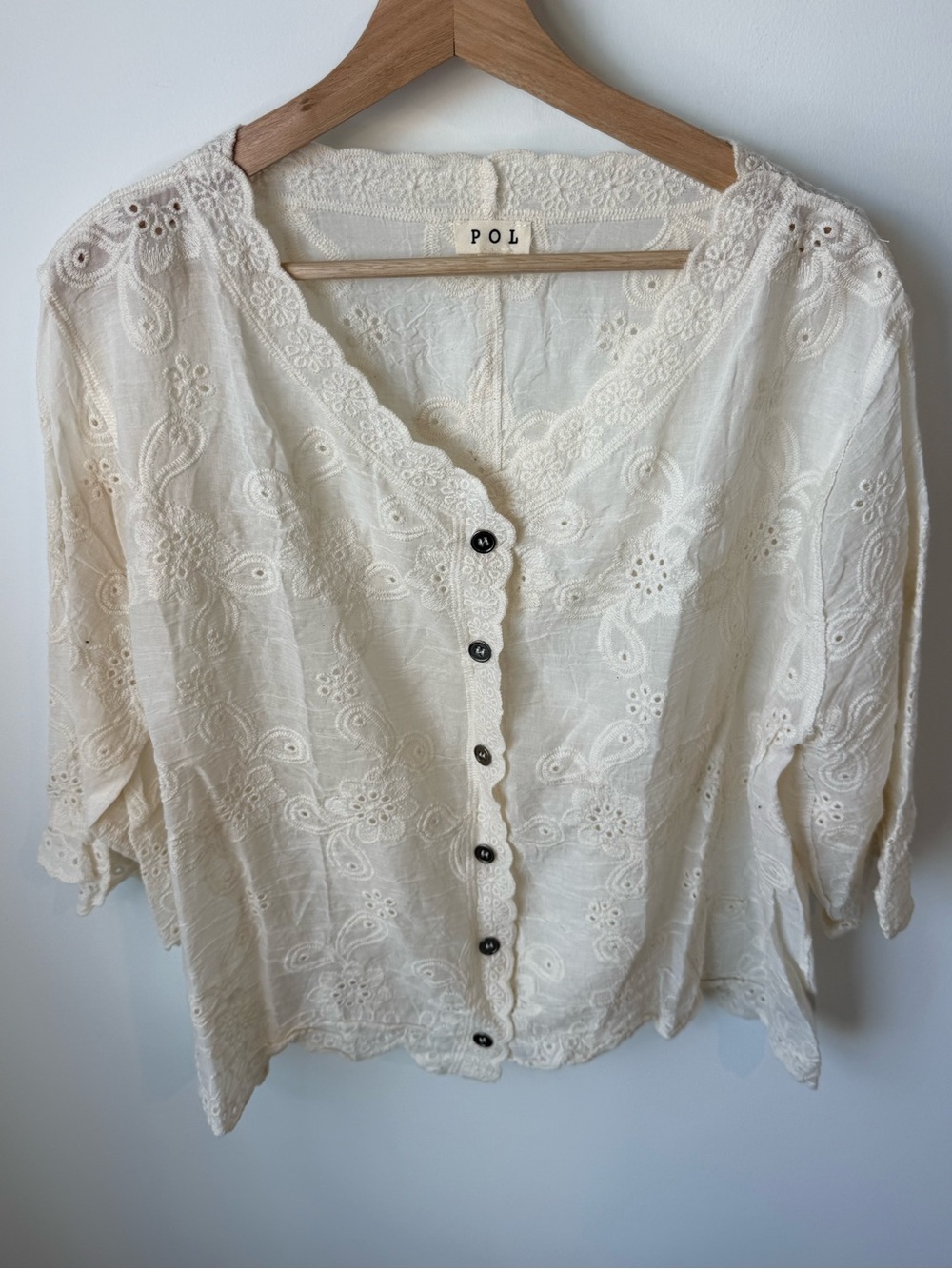NEW POL 100% Cotton Cream Embroidered Boho Button-Front Women’s Top | One Size